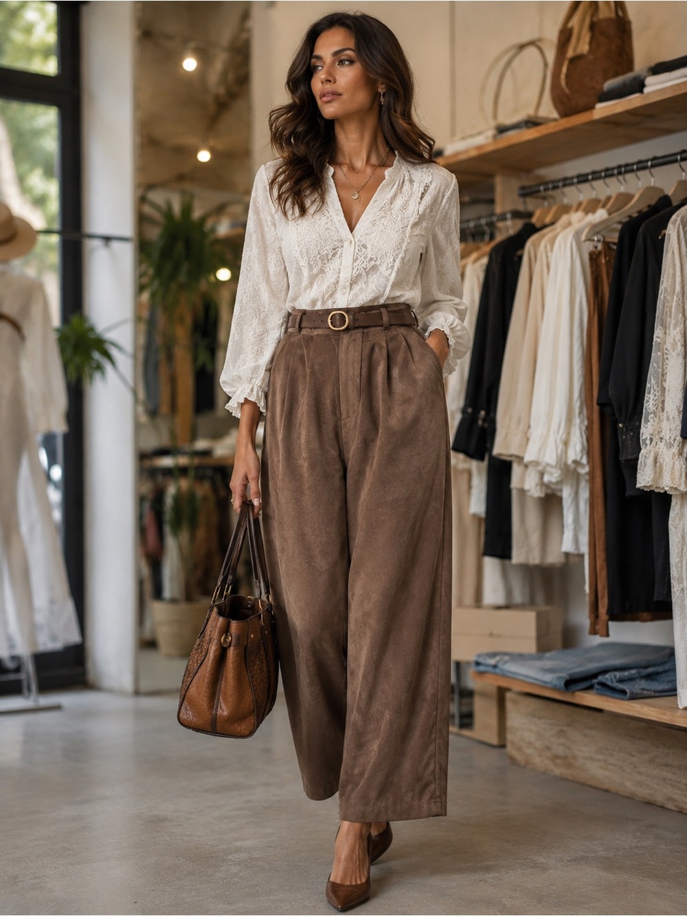 K15. High-Waist Wide Leg Suede Pants in Brown